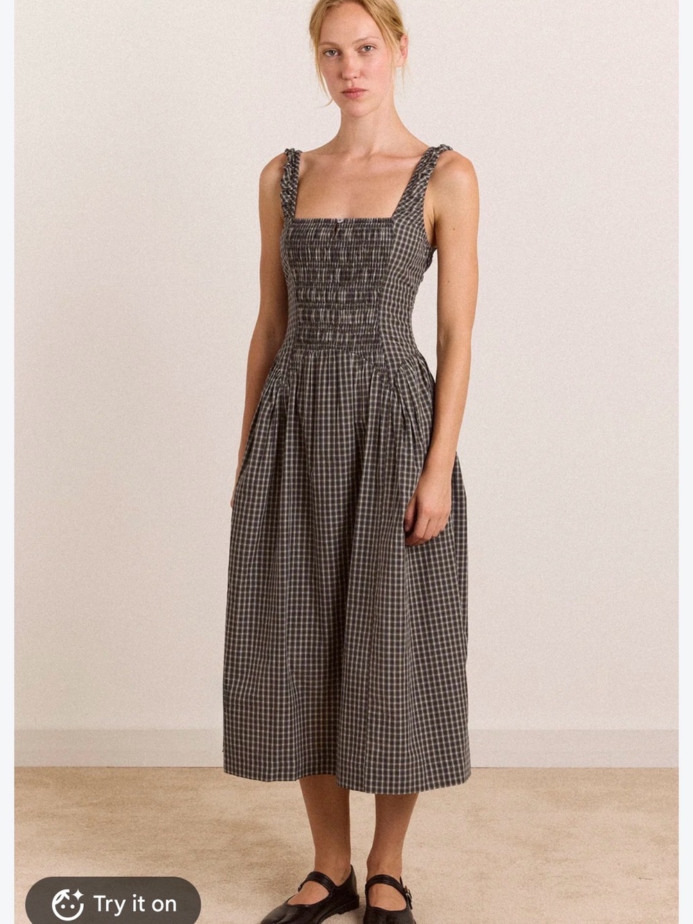 Black Gingham Smocked Midi Dress with Wide Straps